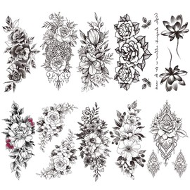 Yesallwas Flower Black 10 Pcs Set Tattoo Stickers Realistic Waterproof Long Lasting Tattoo Sticker Body Seal Women Black Flower temporary tattoos 4.5 x 8.3 inches (11.5 x 21 cm) (Black 3)