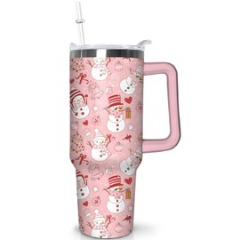 ysnifeiw 40oz Christmas Tumbler With Handle Lid and Straw, Stainless Steel Pink Xmas Snowman Insulated Coffee Cup, Christmas Gifts for Women/Mom/Daughter/Aunt/Girlfriend