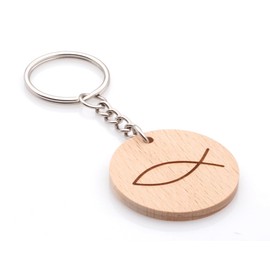 Festland DESIGN® Round Wooden Key Ring with Engraving Fish as Lucky Charm Christening Exam Gift for Friends Family Partner Key Pendant, brown