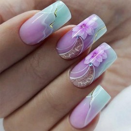 Press on Nails Medium Square Coffin Gradient Pink Flowers French Tip Fake Nails Short with Designs Full Cover False Nails Square French Tip Glue on Nails Cute Short Square Acrylic Thick Stick on Nails for Women Nails Art 24Pcs BKS2252