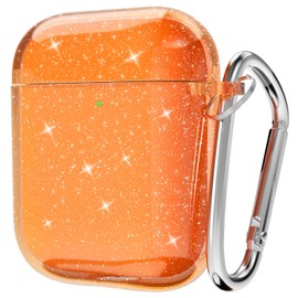 Svanove for Airpods Case Clear Glitter, Sparkly Bling Cute Airpods 1st 2nd Generation Case with Keychain, Hard Shell Girly Y2k Aesthetic Airpods Cover Accessories for Women Girl, Neon Orange