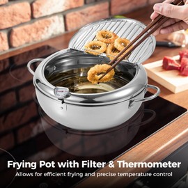 1.1 Gal Stainless Steel Frying Pot, 4.2 L Japanese Deep Fryer Pot with Thermometer, Removable Oil Drip Rack, Tempura Frying Pot with Lid