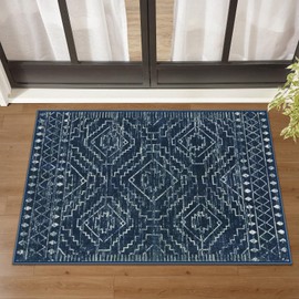 Wonnitar Moroccan Bathroom Rug,Washable 2x3 Small Bath Mat, Boho Tribal Soft Kitchen Sink Mat, Non-Slip Geometric Entry Way Rug, Low-Pile Indoor Carpet for Bedside Entrance Laundry (Blue,2'x3')