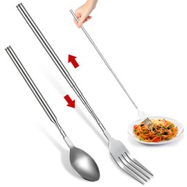Extendable Fork Spoon, 2 Piece Telescopic Fork Spoon Set, Stainless Steel Long Fork Extension, Retractable Spoon for Dinner, Extendable Extension Fork Spoon for Barbecue, Toasting