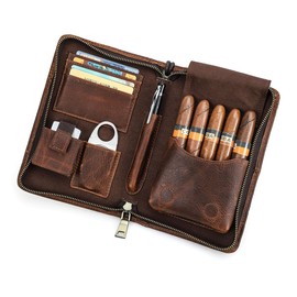 Contacts Full Grain Leather Cigar Case Travel Cigars Humidor Box Accessories Organizer with Cigar Cutter Lighter Pocket for 5 Pcs Cigars (Caramel Brown)