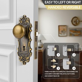 ToPToToo Mortise Lock Set for Interior Door, Antique Brass Door Knob with Lock and Skeleton Key, Antique Old Style Door Knob Lock Replacement, Vintage Mortise Door Knobs for Interior Doors
