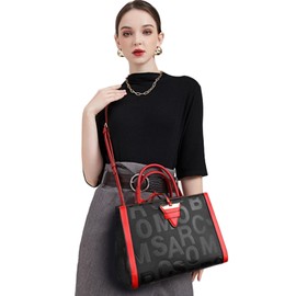 JESSWOKO Luxury Red and Black Leather Handbags Adjustable Strap Crossbody Bag Triangle Buckle Satchel Bag Shoulder Purse Christmas Gifts Designer Tote Bags for Women