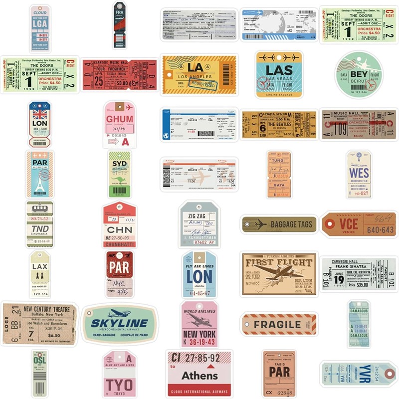 Boarding Pass Seals 40 Pcs Vinyl Waterproof Aesthetical Scrapbooking Sticker