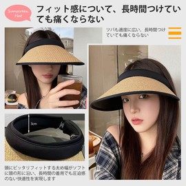 Lhyxuuuk Women's Straw Sun Visor, UV Rays, Sunburn Protection, Wide Brim, Headband Type, No Flying, Outdoors, Small Face Effect, Golf, Tennis, Sports, Car, Walks, Travel, Climbing, Chin Strap Included