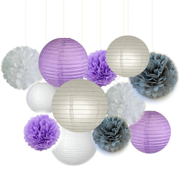 Fascola 12 pcs White Lavender Grey Purple 10inch 8inch Tissue Paper Pom Pom Paper Lanterns Mixed Package for Lavender Themed Party Bridal Shower Decor Baby Shower Decoration