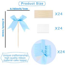 24 Pack Bow Cupcake Toppers, Blue Bow Coquette Birthday Decorations Valentine's Bowknot Ribbons for Bridal Shower Party Supplies Bachelorette Engagement Wedding Baby Shower Girl Bow Theme Party