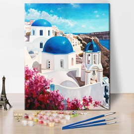 TUMOVO Santorini Paint by Number Art Kit for Adults & Kids, 16x20 Waterproof Canvas, Acrylic Paint, Brushes - Romantic Landscape DIY Oil Painting Craft