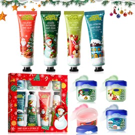 Allony Mini Hand Cream Christmas Set, 4 Pieces Christmas Hand Cream + 4 Pieces Lip Balm, Hand Cream for Very Dry Hands, Hand Cream Set Christmas, Gift Set for Christmas and Birthday