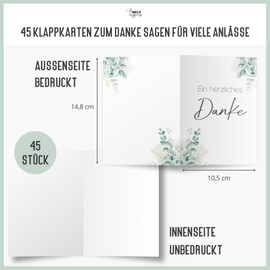 45 Thank You Cards with Envelopes for Wedding, Registry Office, Birthday, Baby, Communion, Youth Initiation, Christening, Thank You Card, Folding Card, DIN A6 (Eucalyptus, Pack of 45)