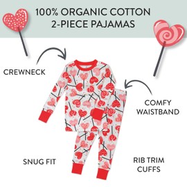 HonestBaby Celebration 2-Piece Pajamas Sleepwear PJs 100% Organic Cotton for Baby, Toddler, Kids, Lolly Love, 2T