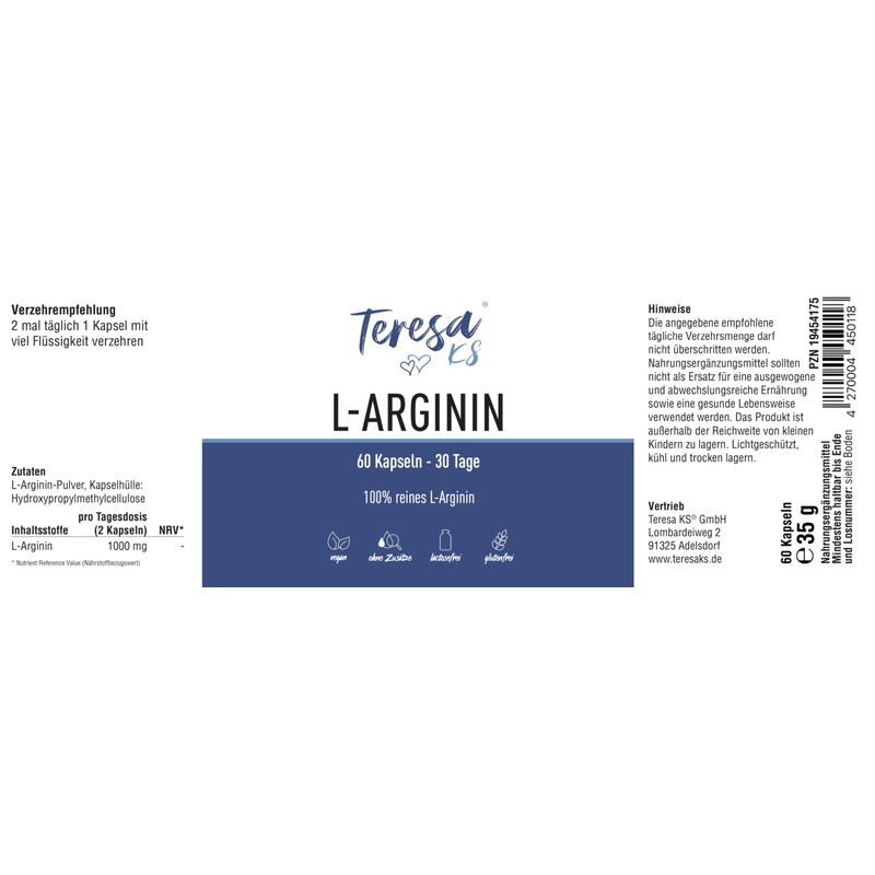 L-Arginin - 100% rein (60 St.) - Vegan