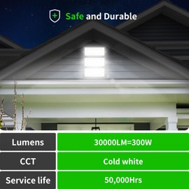 Viugreum 300W Flood Lights Outdoor, 30000LM Super Bright LED Work Light, 6000K Daylight White LED Flood Light Outdoor, IP66 Waterproof Security Lights for Garage, Yard, Lawn, Garden, Stadium