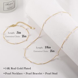 KesaPlan Pearl Necklace Set,14K Gold Plated Adjustable Pearl Choker Necklace and Pearl Bracelet Pearl Earrings Jewelry Set for Women