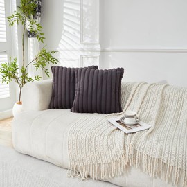 Sunday Praise Dark Grey Striped Boho Throw Pillow Covers 20x20 Inch Set of 2 Faux Fur Plush Farmhouse Decorative Cozy Pillow Cases Soft Fluffy Accent Cushion Cases for Couch Sofa Bed