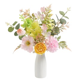 GAATEEK Small 11.8" Artificial Flowers in Ceramic Vase - Yellow Pink Silk Flower Centerpiece for Dining Table, Office, Wedding & Farmhouse, Home Decor Gifts