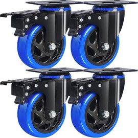 4 Inch Caster Wheels 2200lbs, Hands-Free A/B Brake Locking Casters, Heavy Duty Casters Set of 4, Silent Polyurethane Plate Castor Wheels for Cart, Furniture, Workbench(2 Hardware Kits Included)