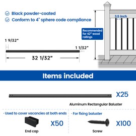 Muzata 25Pack 32'' Aluminum Deck Balusters Facemount Rectangular Railing Metal Spindles with Screws Stair Porch Staircase Deck Spindles for Wood and Composite Fencing WT34