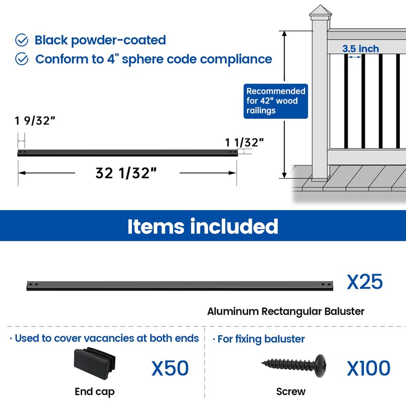 Muzata 25Pack 32'' Aluminum Deck Balusters Facemount Rectangular Railing Metal