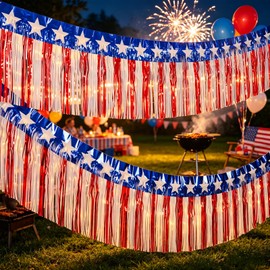 2026 New 4th of July Decorations 65 Ft Foil Fringe Garland Tinsel Streamers, Red White and Blue Star Metallic Hanging Backdrop Banner Table Skirts for Parade Floats Memorial Day Patriotic Party