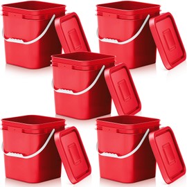 Mumufy 5 Pcs 3.5 Gallon Square Food Grade Bucket with Lid Square Bucket Pail with Plastic Handles for Storing Dry Food, Charcoal, Camping, Fishing (Red)