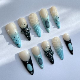 Handmade Press-On Nails, French Tip Press-On Nails Handcrafted 3D Floral Almond Nails Reusable Hand-Painted Design Nails Including Tool Kit, 10 Pieces (SHN034-S, S)