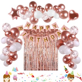 Rose Gold Birthday Decorations, 74pcs Rose Gold White Balloons with Rosegold Confetti Balloons Curtain & Happy Birthday Banner for Girls Women Birthday Party Wedding Baby Shower