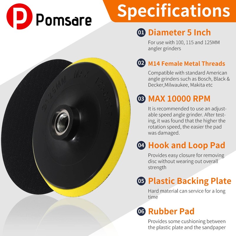 Pomsare Sanding Disc 125 M14 Including Grinding Attachment for Angle
