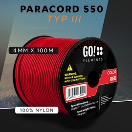 GO!elements 100 m Paracord Rope - Made of Tear-Resistant Nylon Cord - 4 mm Paracord 550 Type III Rope - Suitable as General Purpose Rope and Cord - Max. 250 kg, red