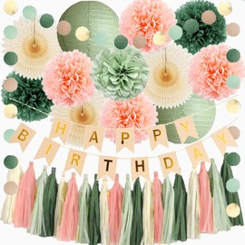 Sage Green and Peach Birthday Decorations Boho Beige Peach and Olive Green Birthday Decorations for Women Girls Cream Fans Pom Poms Sage Olive Pink Cream Tassel Garland Party with Banner Beige Gold