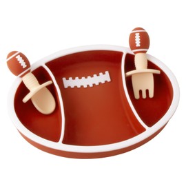 Baby Suction Plate, Silicone Toddler Plate for Kids Baby Weaning Plate Strong Suction Divided Dish with Fork Spoon, BPA Free (Brown Rugby)