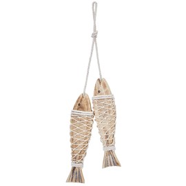 CREATCABIN 2Pcs Wooden Fish Decor Hanging Wood Fish Sculpture Rustic Nautical Fish Decor with Fishing Net Hand Carved Wood Fish Wall Art for Lake House Beach Theme Home Decoration 7.8Inch