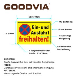Goodvia Ein und Ausfahrt Freihalten Sign, Metal Reflective, 30 x 20 cm, Ausfahrt Freihalten Sign, Pack of 2 Driveway Free Sign, Aluminium, Parking Prohibited Sign, Weatherproof, UV Protection
