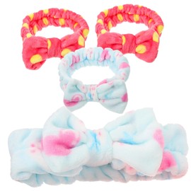 WOONEKY 4pcs Coral Fleece Headband for Women Soft Skincare Hairbands for Makeup and Face Washing Cute Bow Design Elastic and Comfortable Includes Solid Colors and Striped