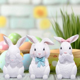 Hodao Easter Decoration Three-Bunny Figurine Set - Adorable Handcrafted White Bunny Sculptures Perfect for Spring Home Décor Easter Table Centerpieces, Gift Ideas Indoor Decorations(3PCS)