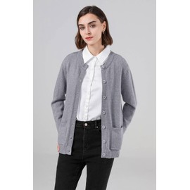 SMILING PINKER Women Crew Neck Cardigan Medium Weight Button UP Sweater Top with Pockets(Grey,Medium)