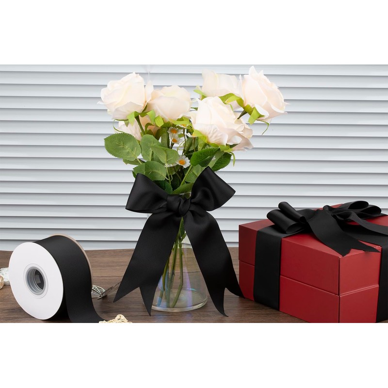 【Tekdeere】50mm Wide Solid Black Grosgrain Ribbon, Ideal for Gift Wrapping,