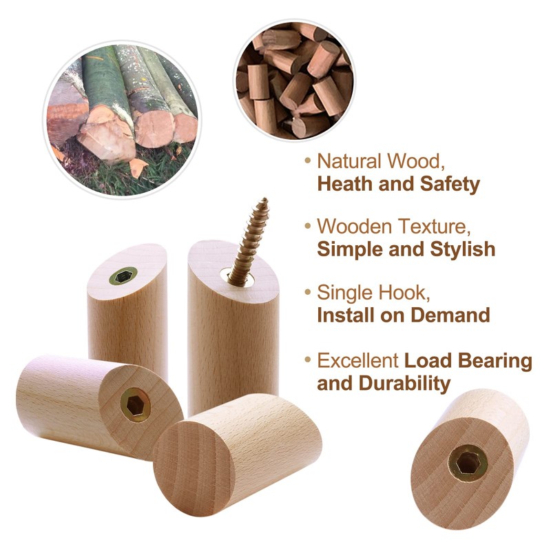 MAIXINNEW 6 Pcs Wooden Coat Hooks, Wall Mounted Wood Coat