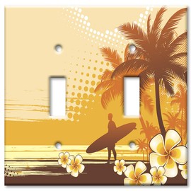 Art Plates 2 Gang Toggle Decorative Metal Wall Plate - Surfer on the Beach - (Made in USA)