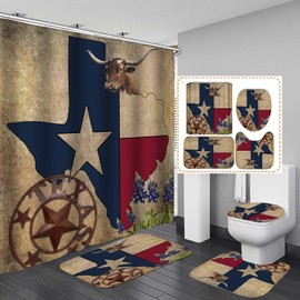 Jayden&Madge 4PCS/Set Western Shower Curtain, Vintage Brown Barn Texas Star Map and Flag, Lone Star Farm Animal Rustic Country Farmhouse Bathroom Decor, Non-Slip Bath Rugs, Cow and Flower