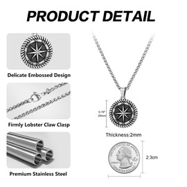 Crafted Compass Coin Necklace with Wheat Chain for Men, Mens Necklace with Compass Pendant Perfect for Travelers and Adventurers, 20 inch (20, Antique silver-Rope Round -Wheat Chain)