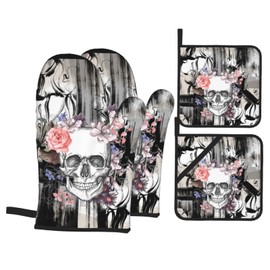 Gothic Skull Flower Oven Mitts and Potholders Professional Heat Resistant Cotton Oven Mitts Kitchen Gloves 4 Piece Set
