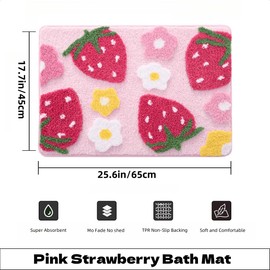 yikinb Strawberry Bath Mat,Cute Flocking Bath Mat Non Slip,Fun Flower Strawberry Bath Mat,Small Bath Mat Rug for Bedroom Bathroom (Pink)