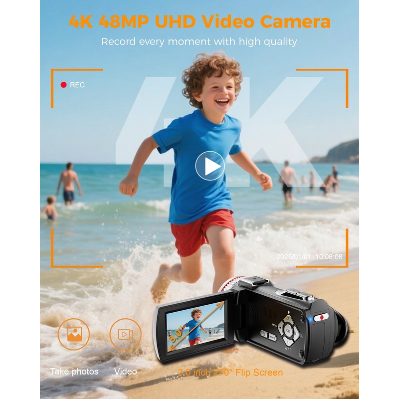 Video Camera 4K 60FPS Camcorder, 48MP 21X Digital Zoom Vlogging