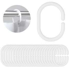 Alaoo Curtain Hooks, 24 Pack Plastic C-Shaped Shower Curtain Hooks, White Plastic Curtain Hanging Rings for Bathroom Shower Window Rod