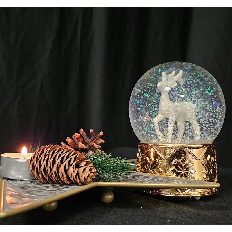 Snow globe deer white on base copper gold snowflakes with